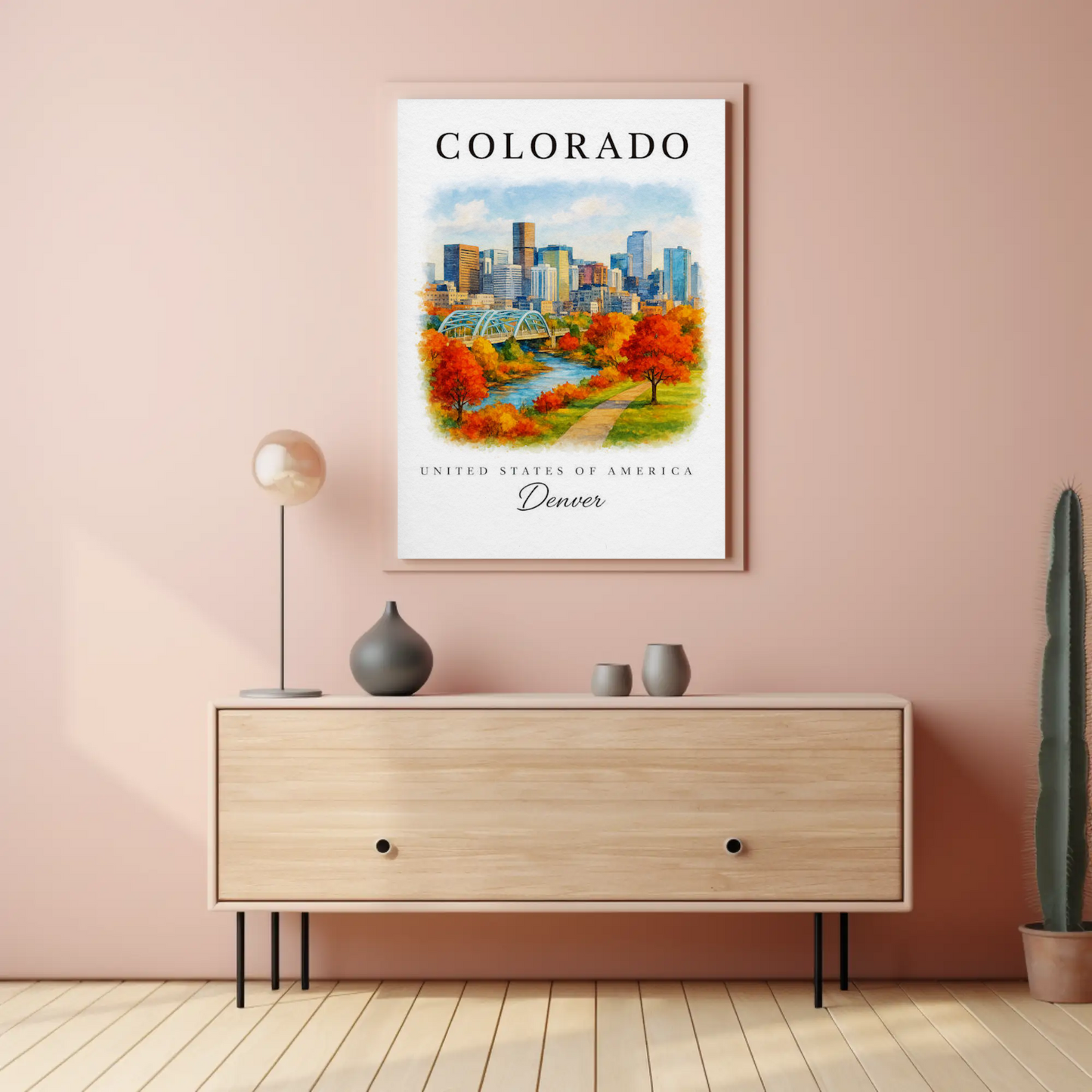 Denver Skyline Autumn Path River Travel Poster