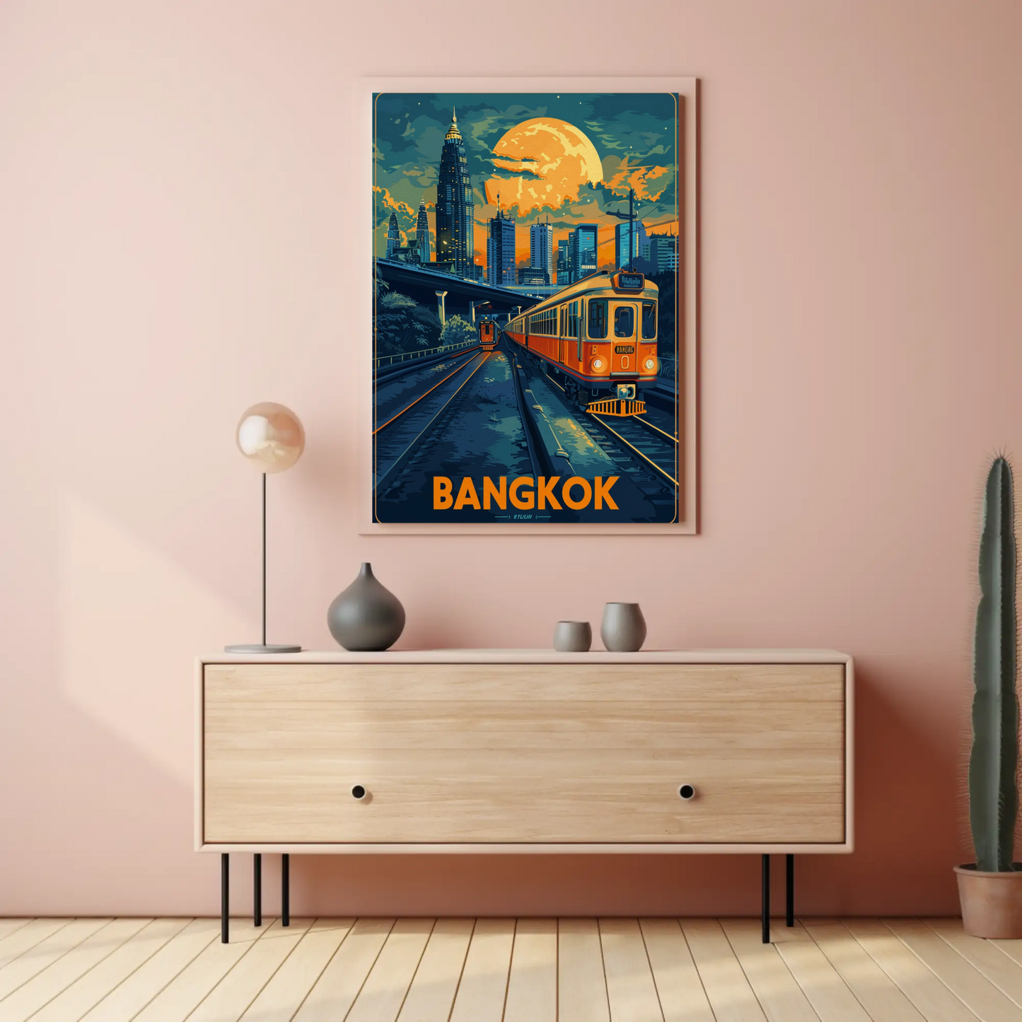 Bangkok Skyline Train Moonlight Glow Travel Poster