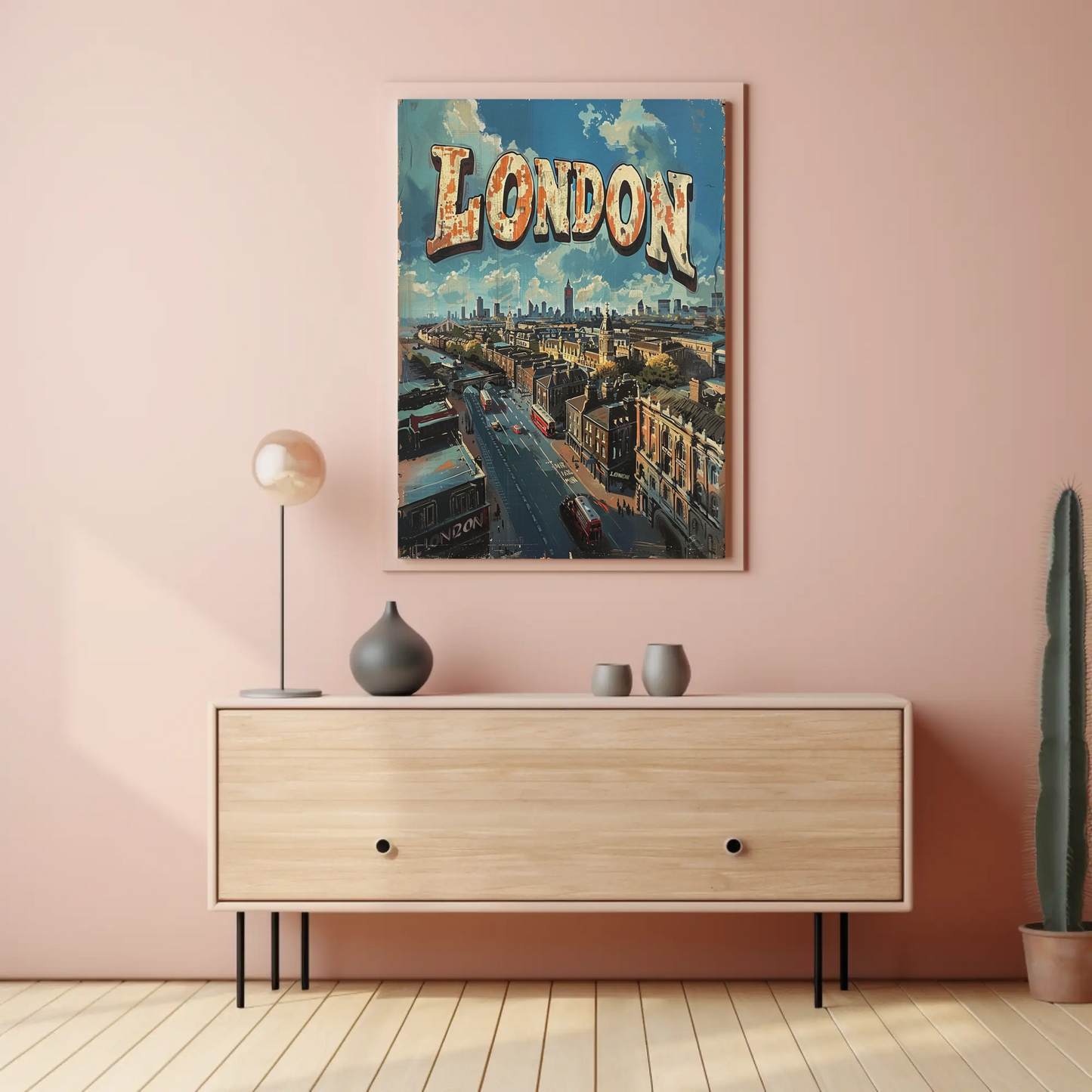 London Rooftop Cityscape Red Bus Skyline Travel Poster