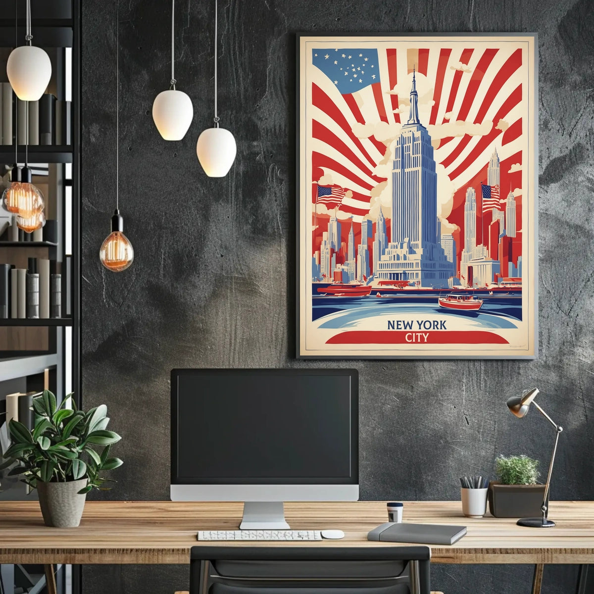 New York City Patriotic Skyline Poster Vintage Wall Art