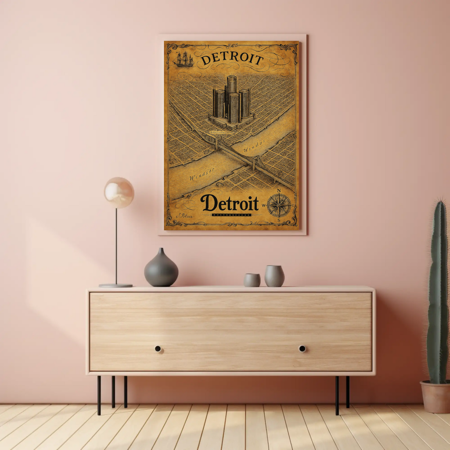 Detroit Historic Map Renaissance Center Travel Poster