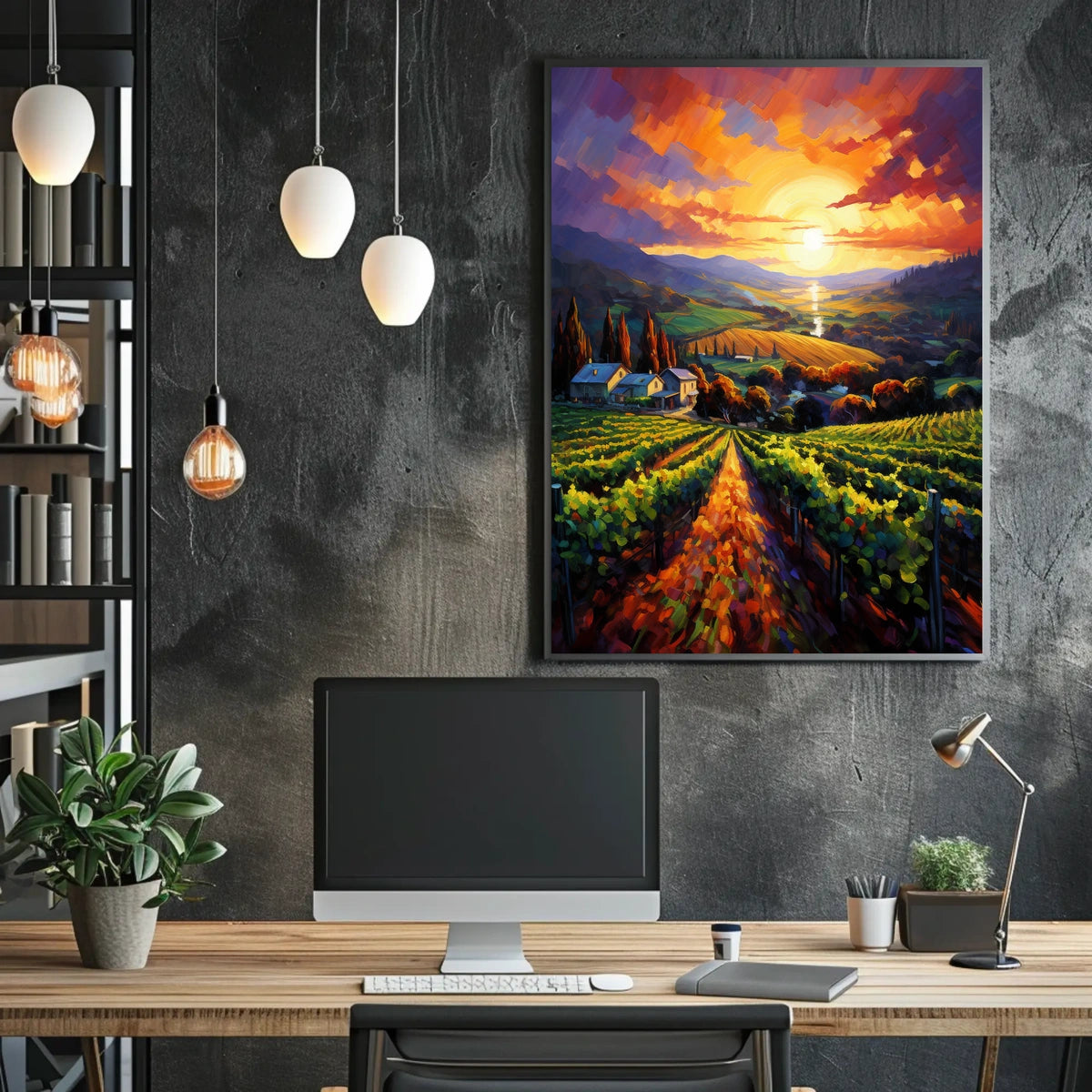 Vibrant Vineyard Sunset Landscape Impressionistic Artistic Poster
