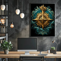 Navigating Mystical Seas Golden Compass Art Deco Oceanic Adventure Maritime Dreamscape Poster