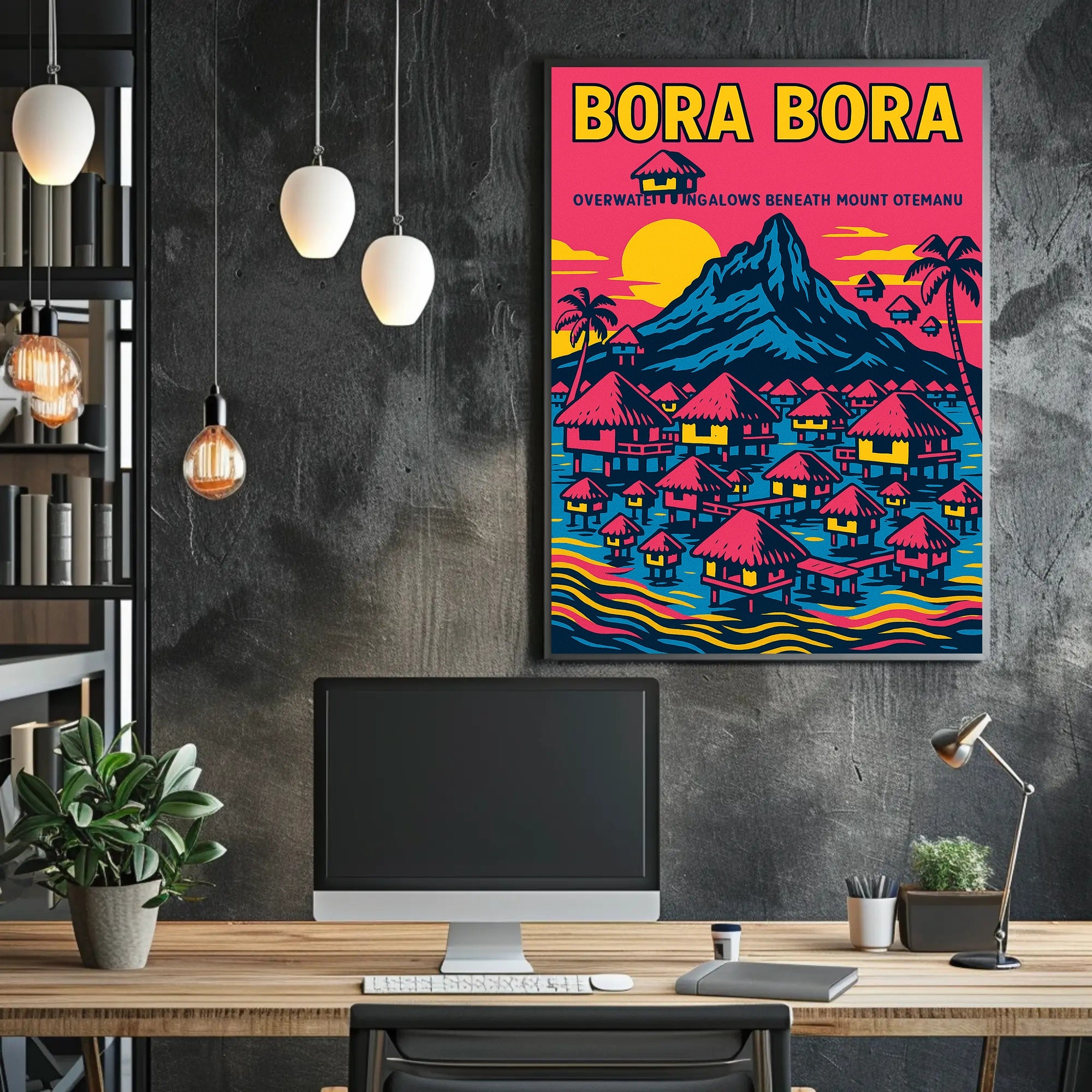 Bora Bora Vintage Travel Poster with Iconic Overwater Bungalows PosterGoat