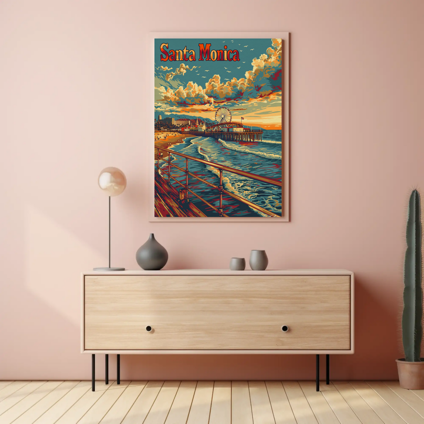 Santa Monica Sunset Pier and Surf Travel Poster