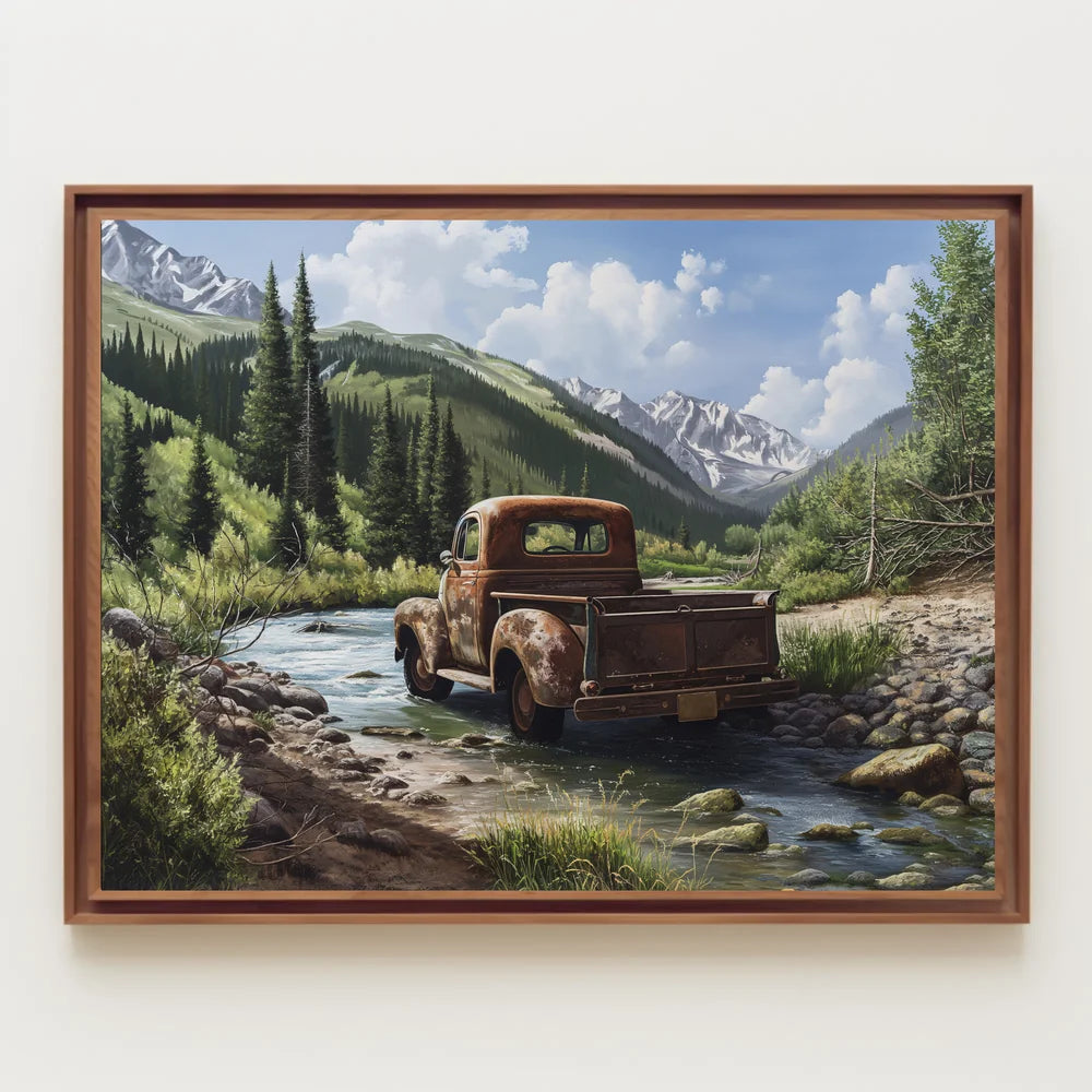 Vintage Truck in Serene Mountain Landscape Poster