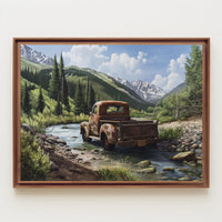Vintage Truck in Serene Mountain Landscape Poster