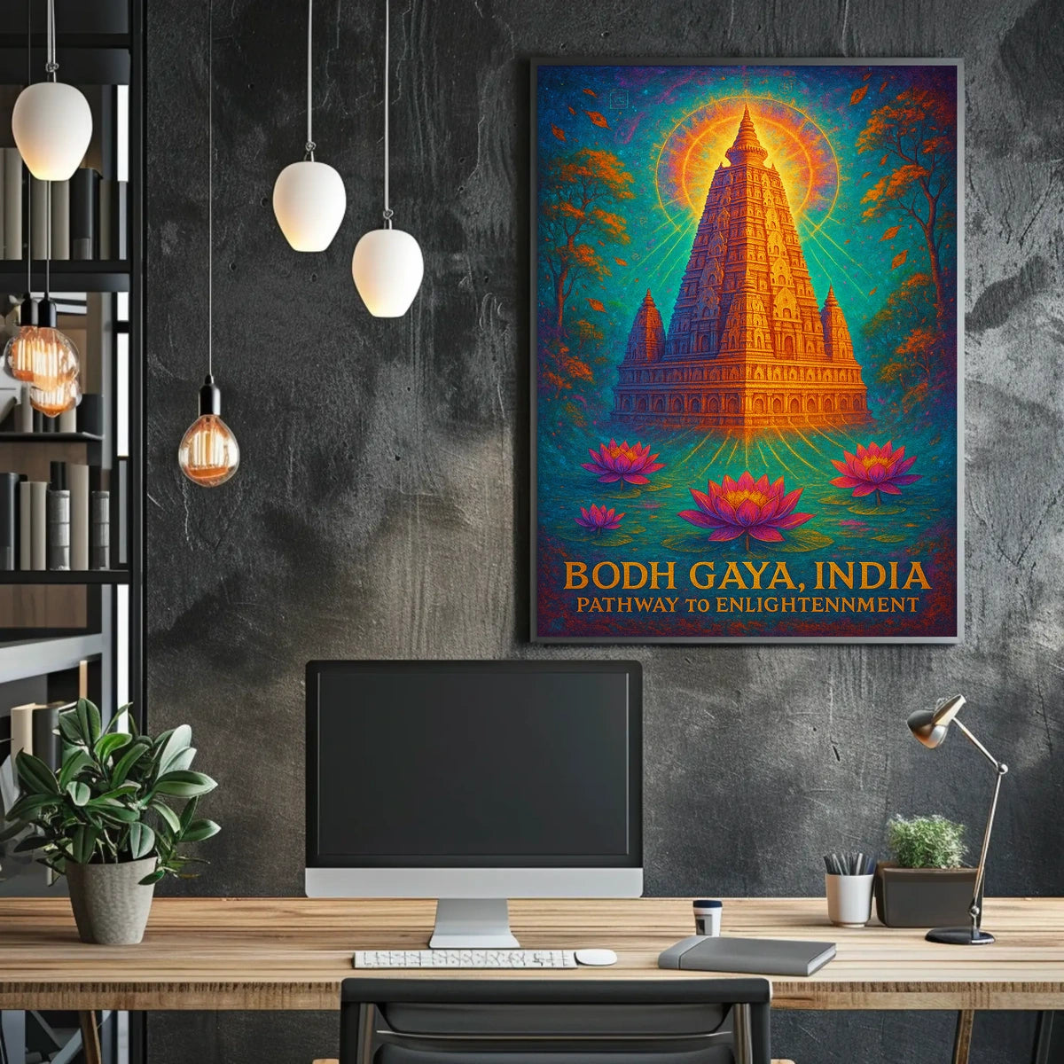 Bodh Gaya Spiritual Enlightenment Poster with Lotus Flowers
