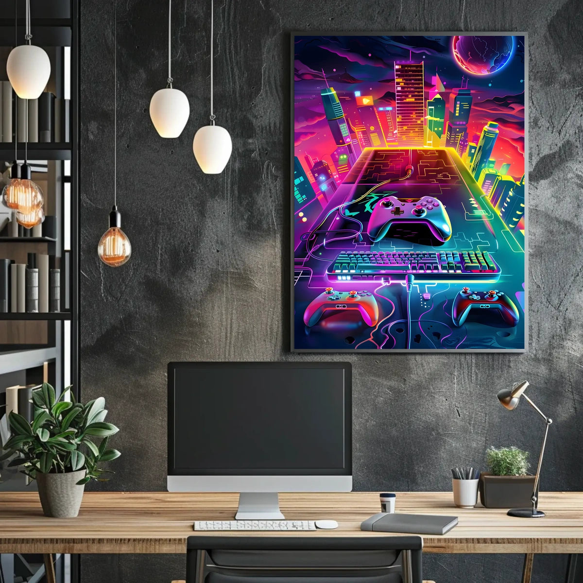 Neon Gaming Cityscape Poster