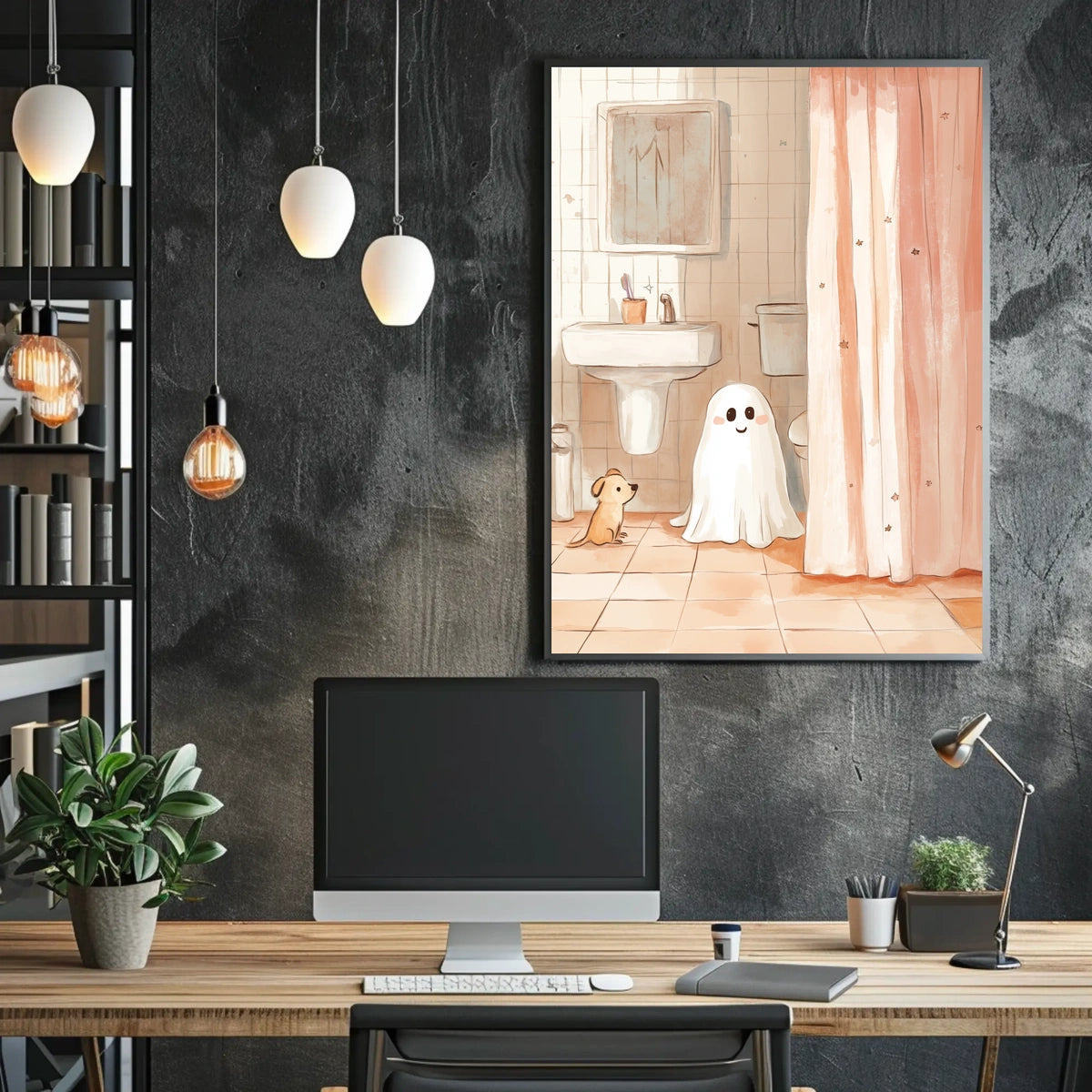 Ghost and Dog Bathroom Whimsical Illustration Cozy Poster