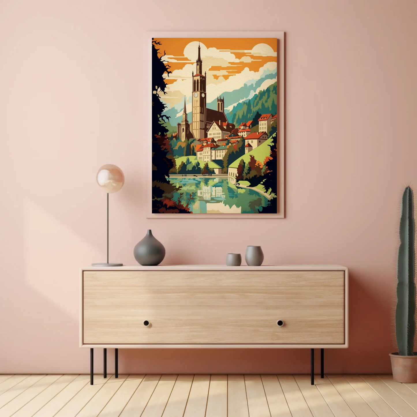 Alpine Village Church Tower Mountain View Travel Poster