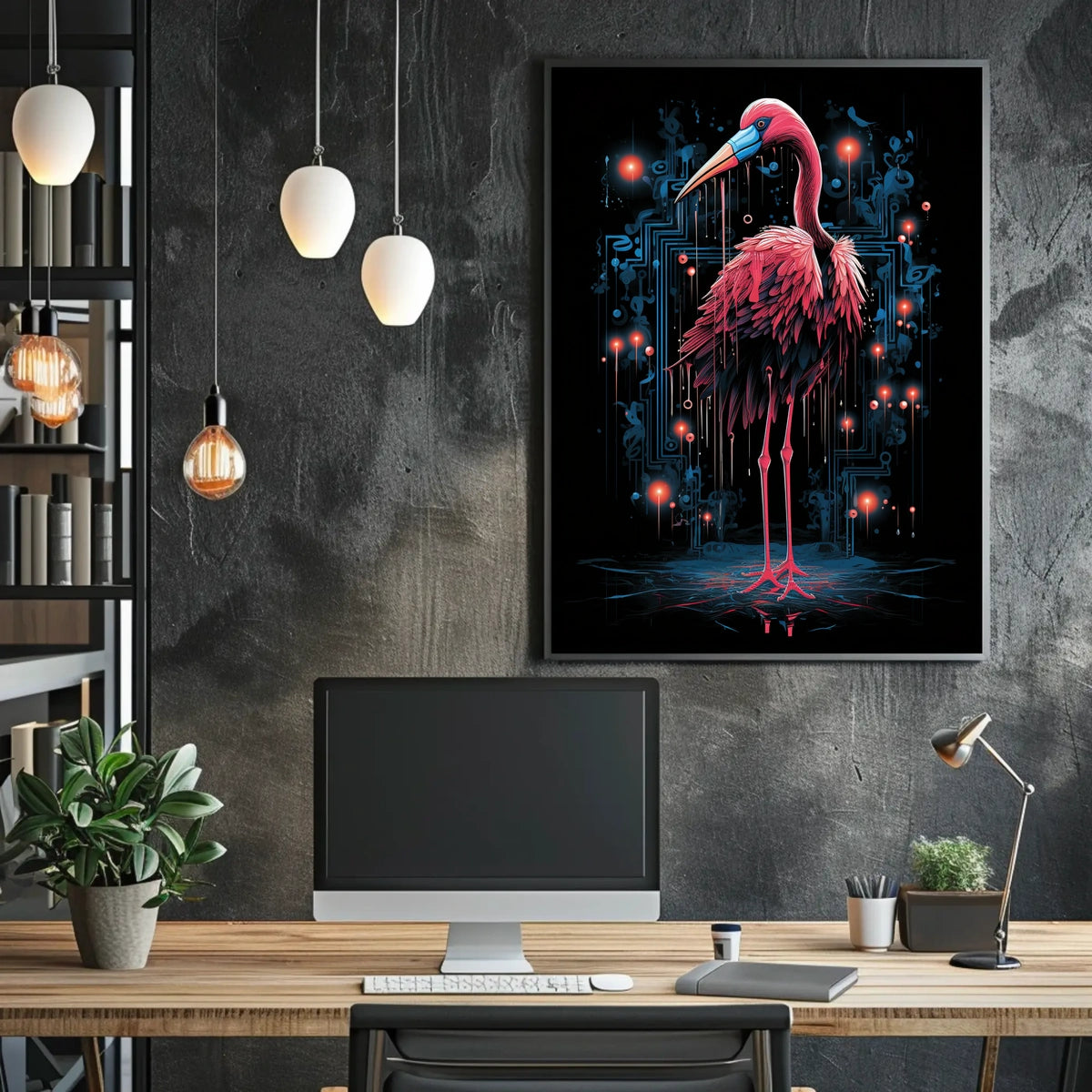 Digital Elegance The Cyber Flamingo Neon Poster Wall Art