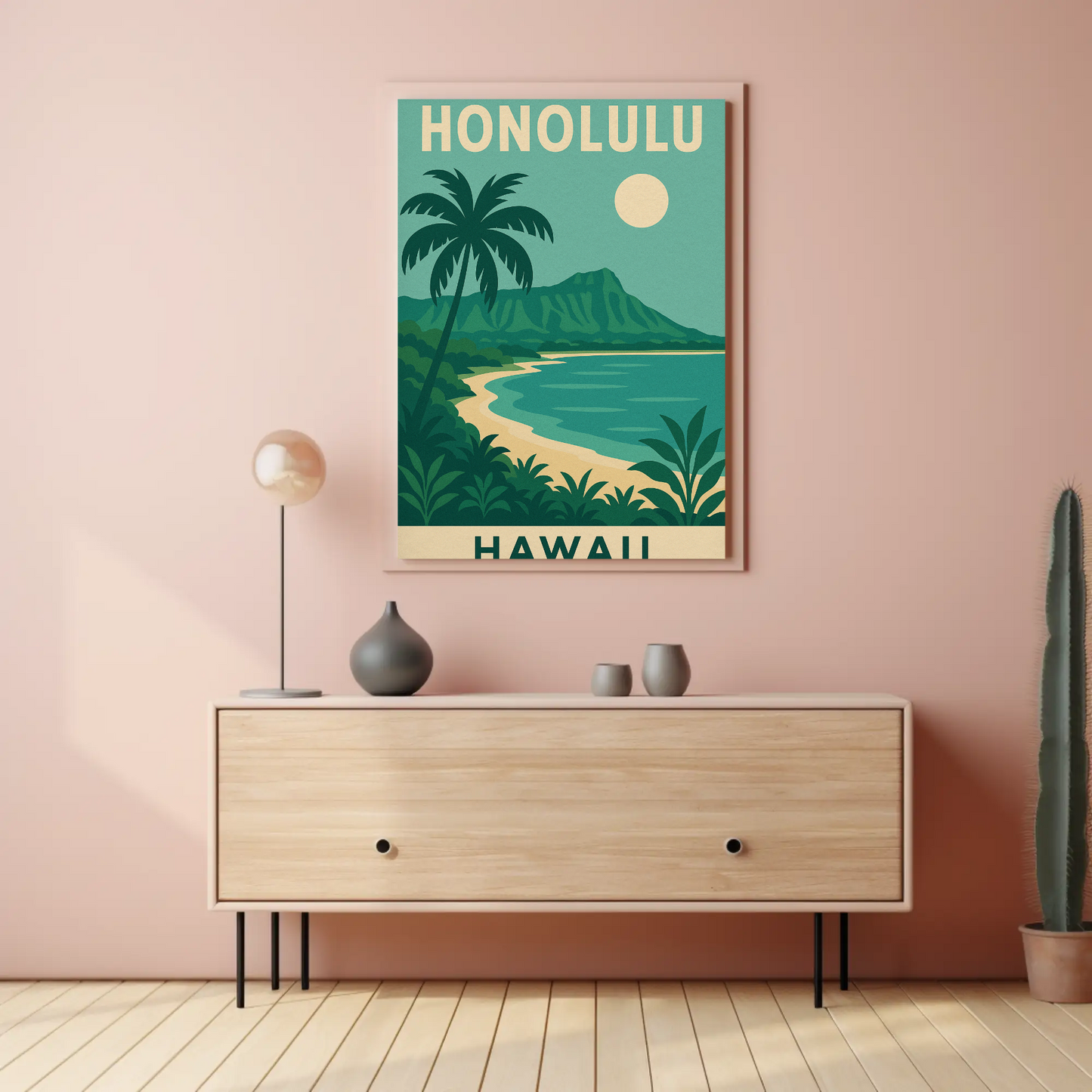 Honolulu Hawaii Beach Palm Trees Coastline Travel Poster