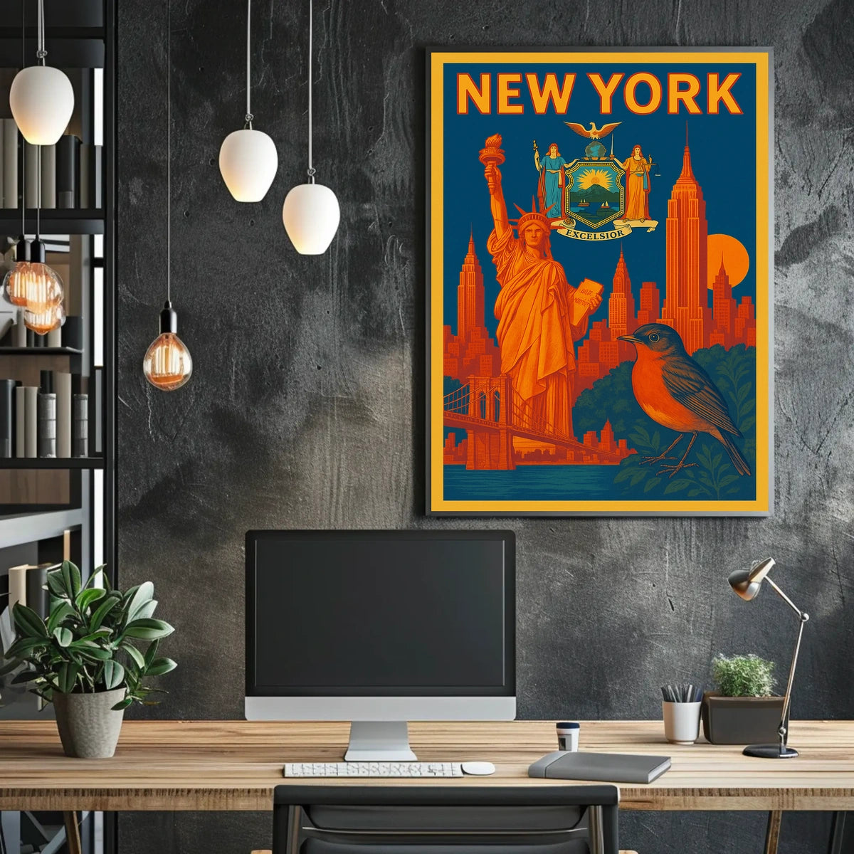 New York Poster Vintage Statue Skyline Bridge Wall Art