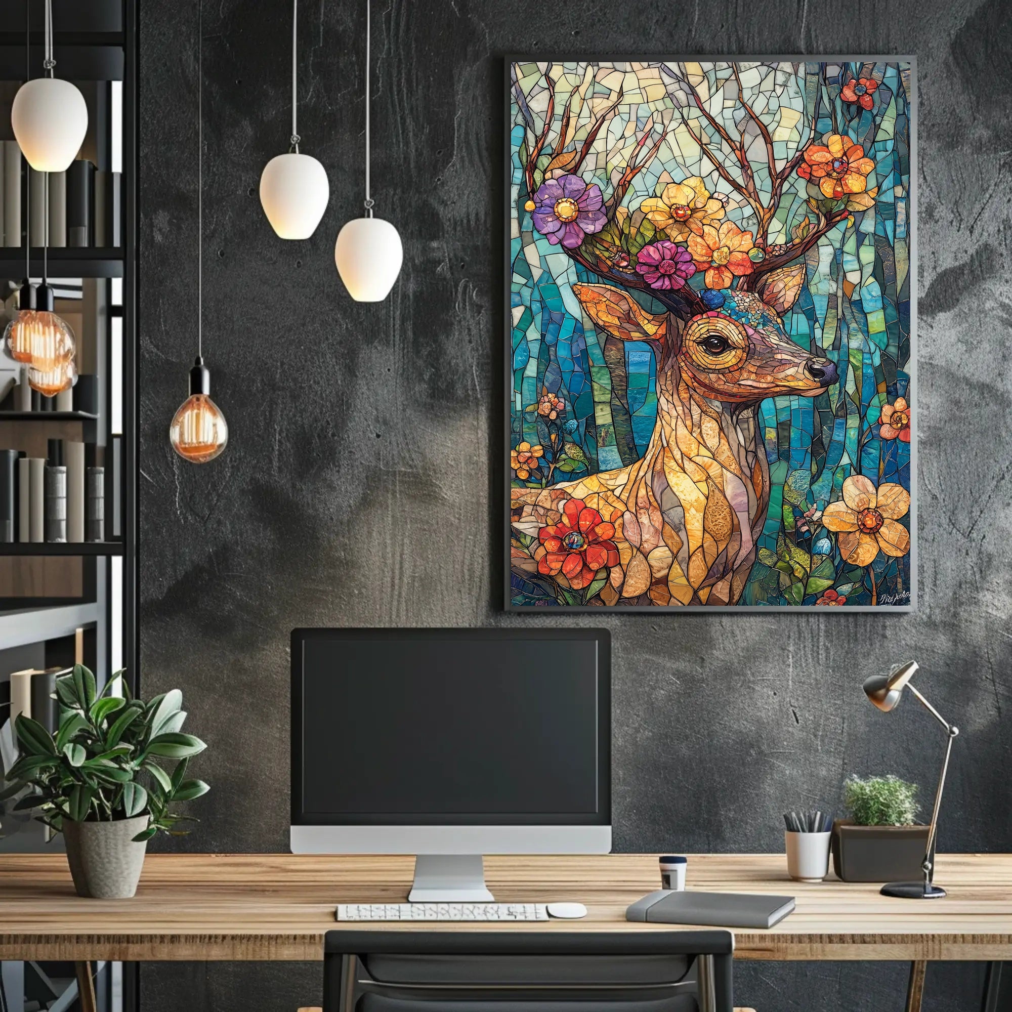Deer in Vibrant Stained Glass Art Poster