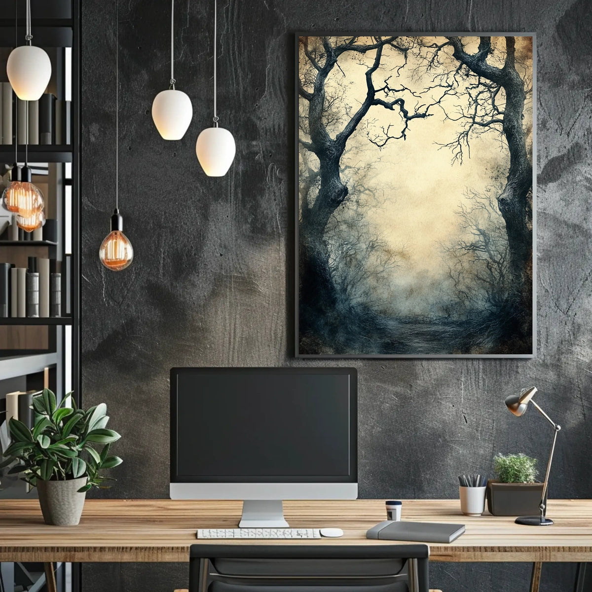 Enchanted Gnarled Trees in Misty Forest - Artistic Poster