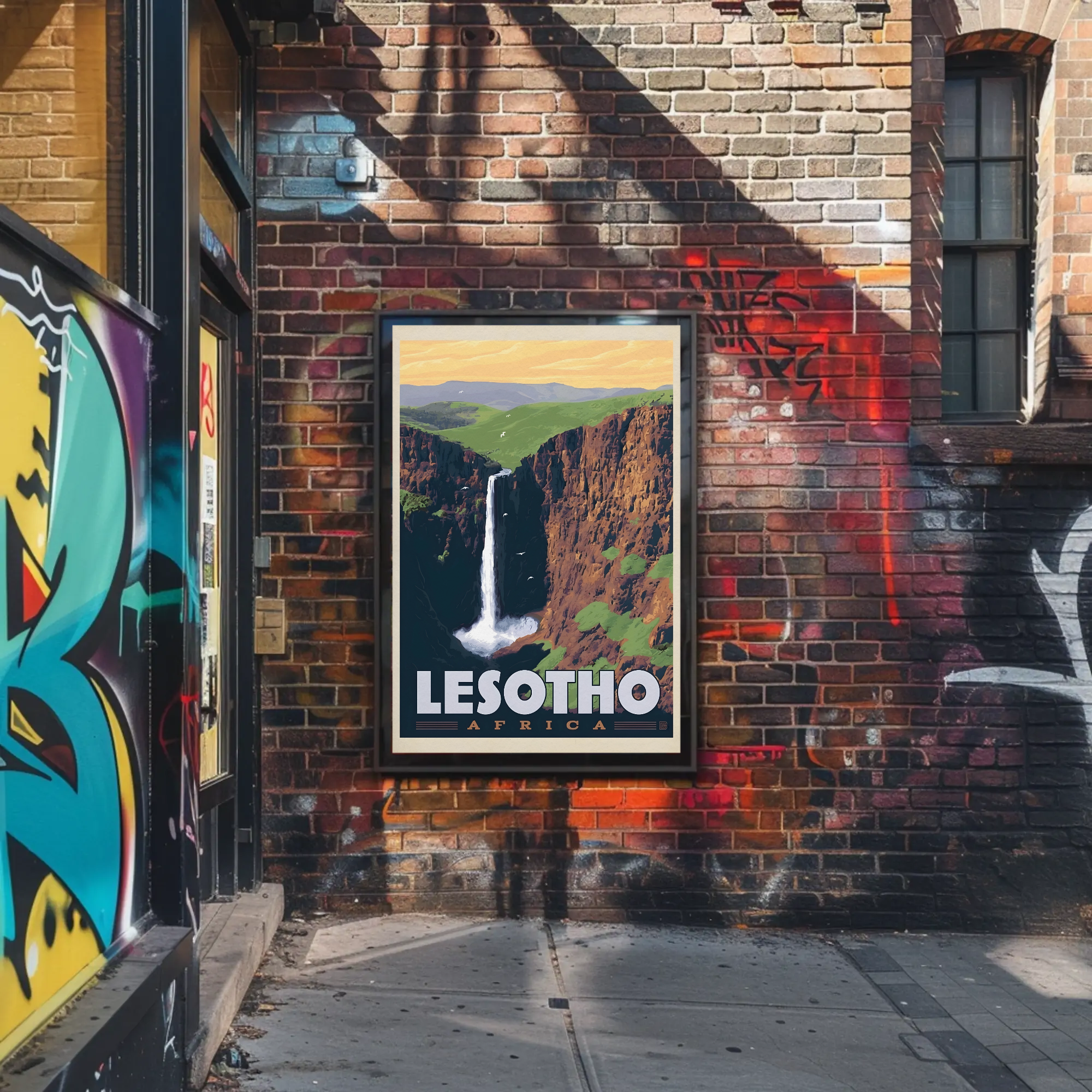 Lesotho Waterfall Adventure Vintage Travel Poster