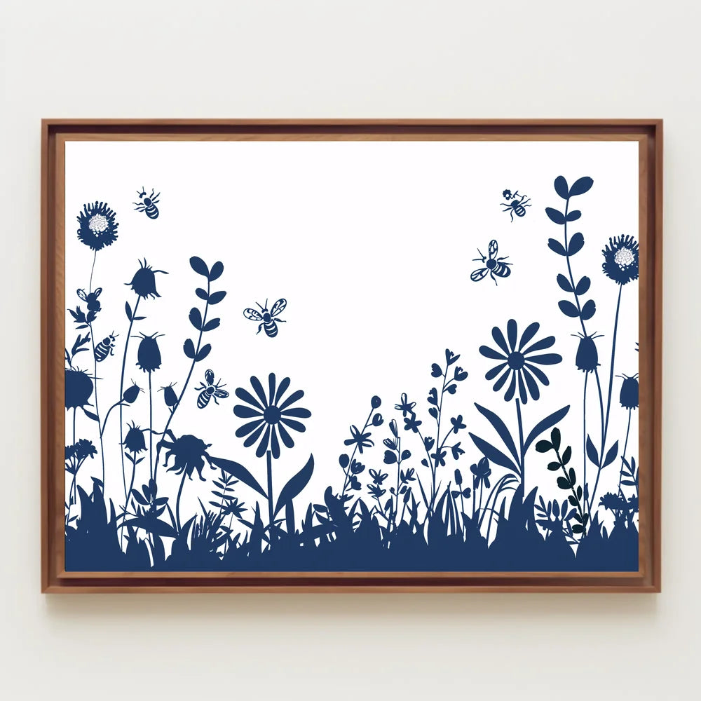Garden Harmony: Blue Silhouette Bee and Flower Poster