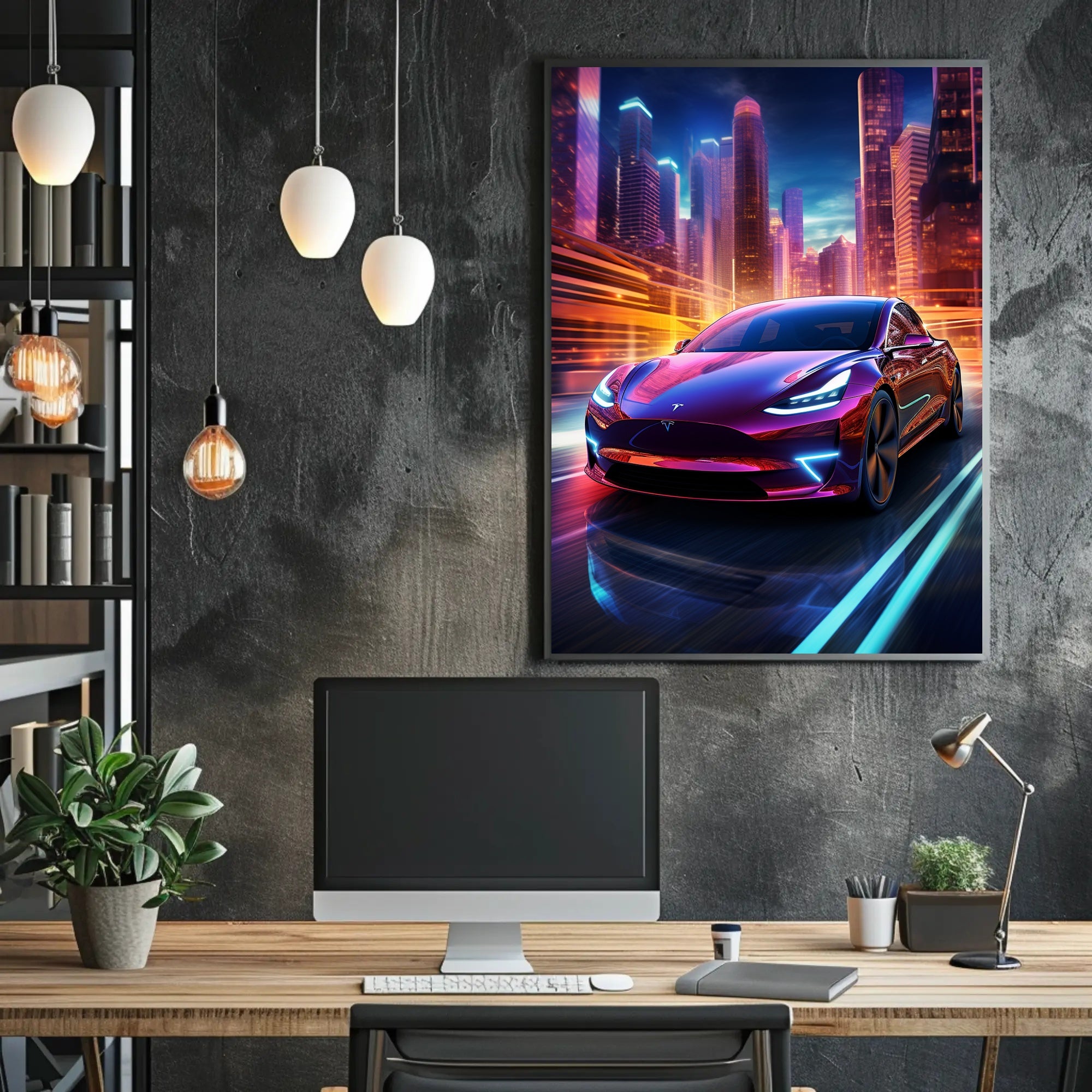 Futuristic Electric Car in the City Poster PosterGoat