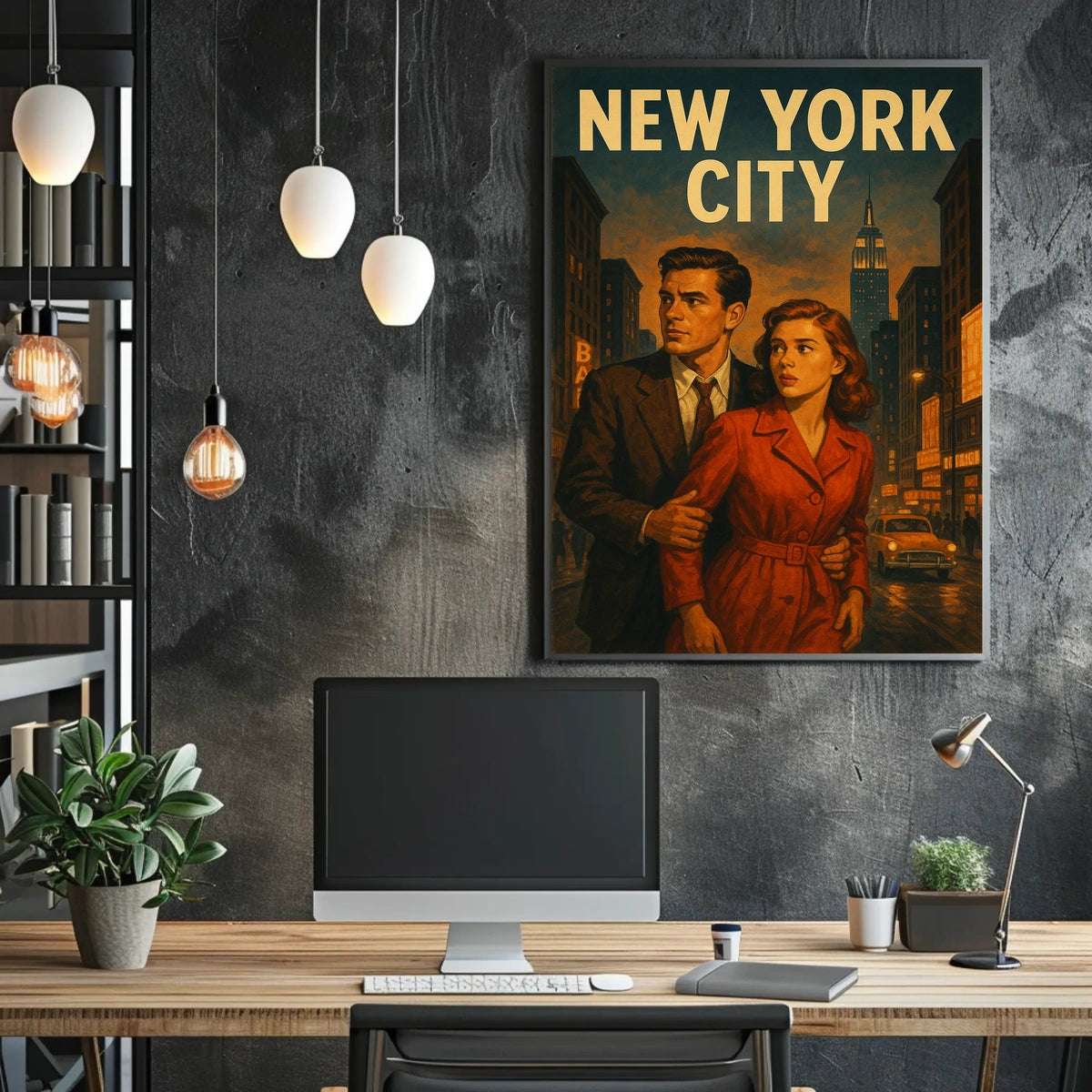 New York City Noir Scene Poster Vintage Cityscape Wall Art