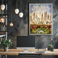 New York City Whimsical Skyline Poster Vintage Wall Decor