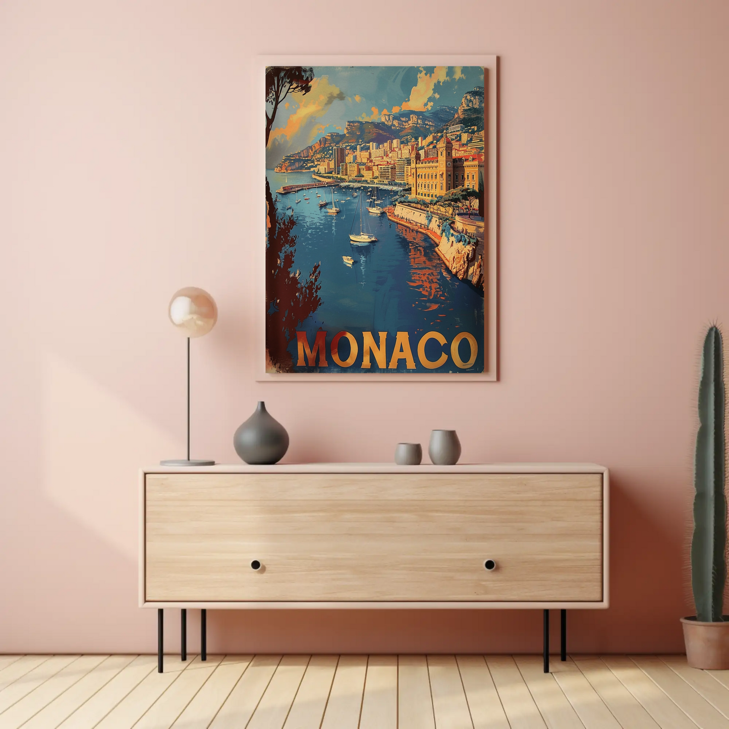 Monaco Mediterranean Coast Harbor Scene Retro Travel Poster