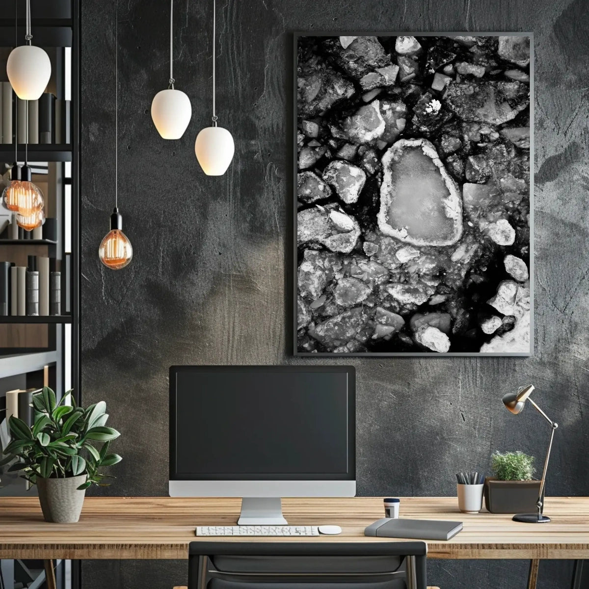 Stark Black and White Abstract Ice Formation Poster