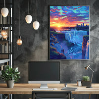 Majestic Waterfall Sunset with City Skyline Poster
