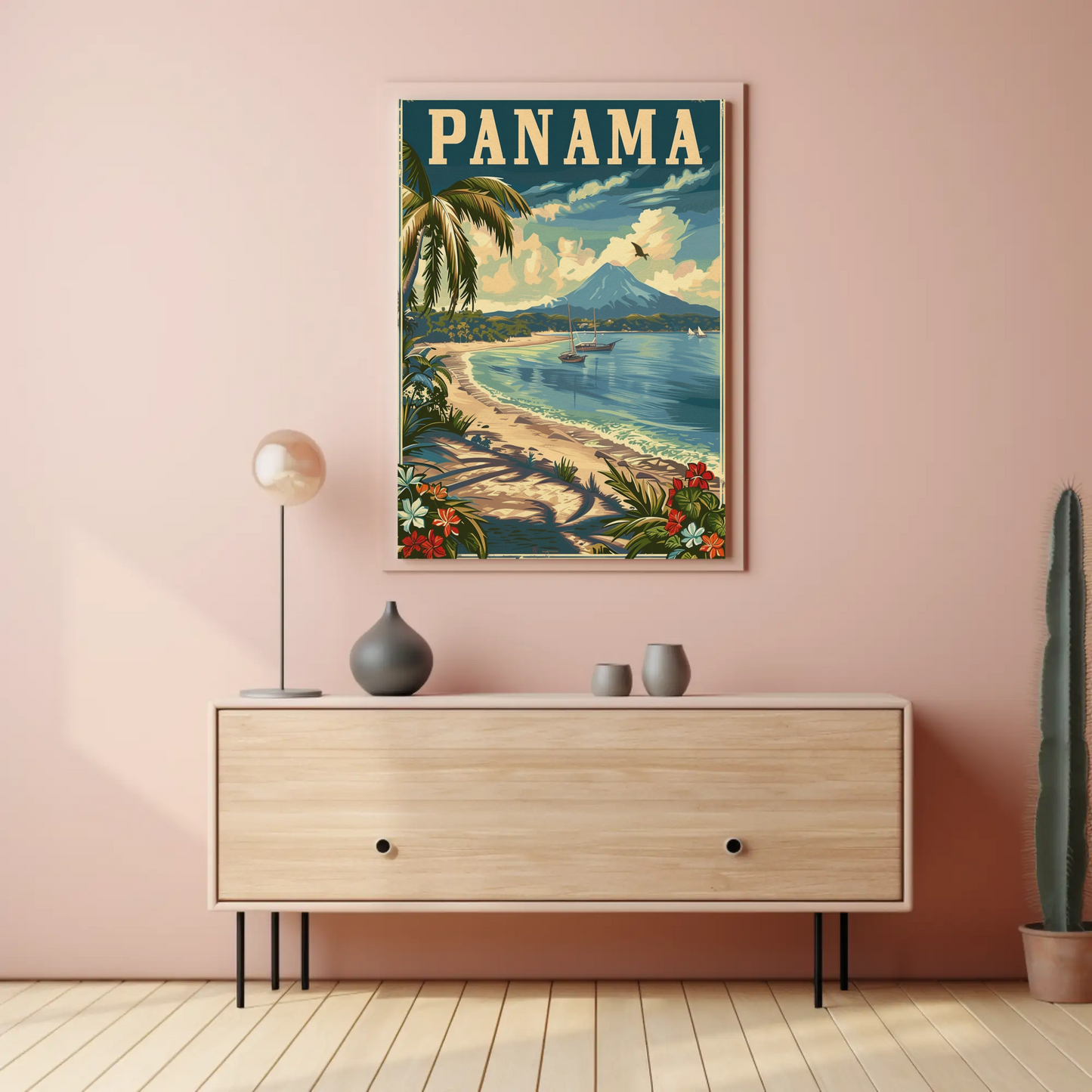 Panama Beach Volcano Sailboats Paradise Travel Poster