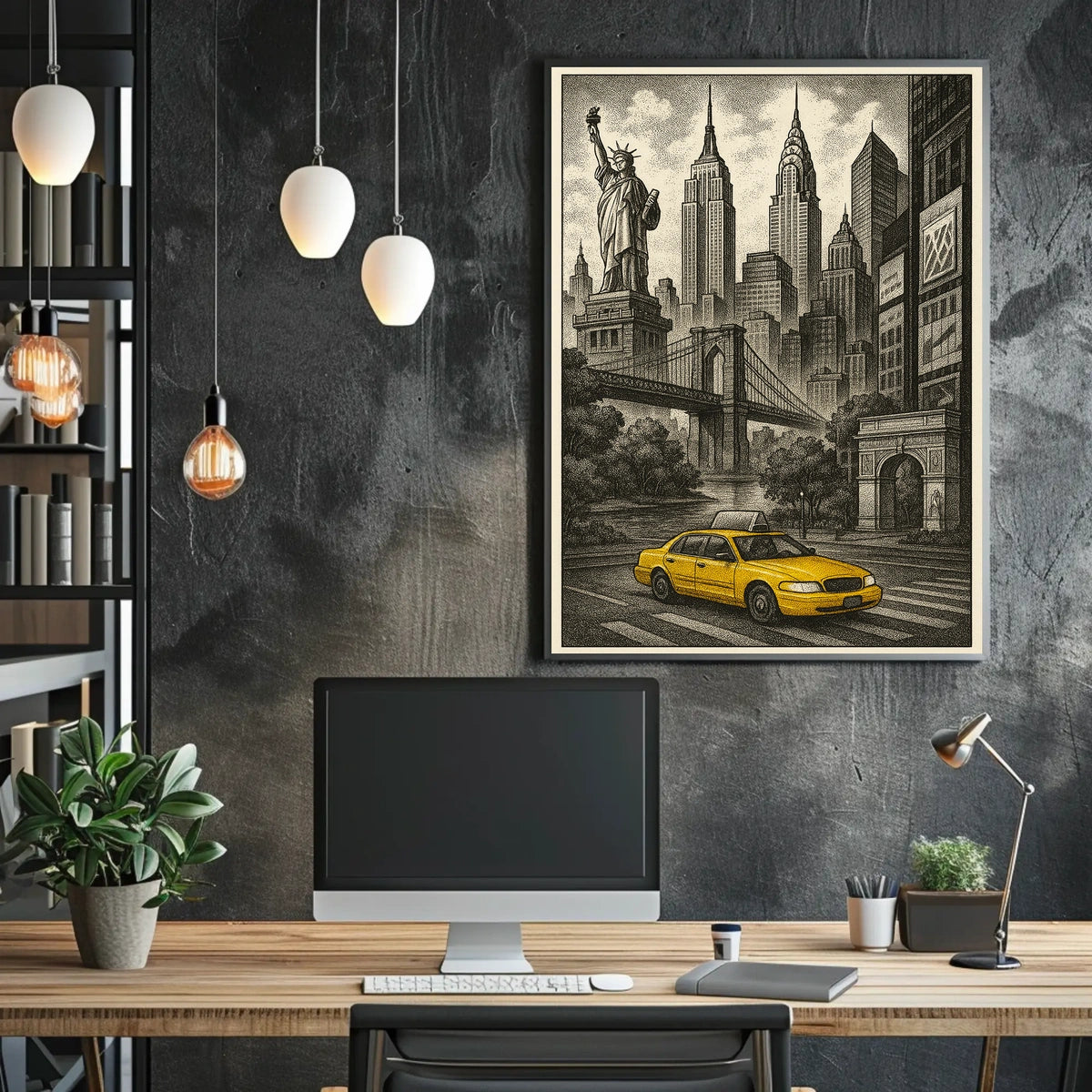 New York City Taxi Scene Poster Vintage Wall Art