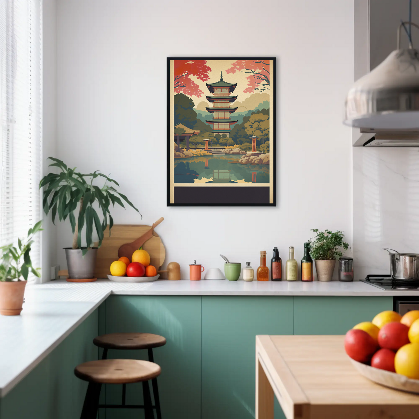 Japan Reflection Pagoda Lake Autumn Vintage Travel Poster