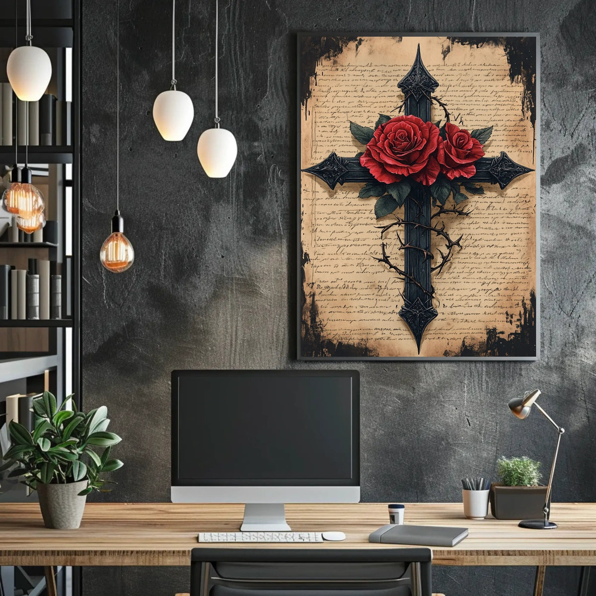 Gothic Cross with Red Roses Artistic Wall Decor Poster