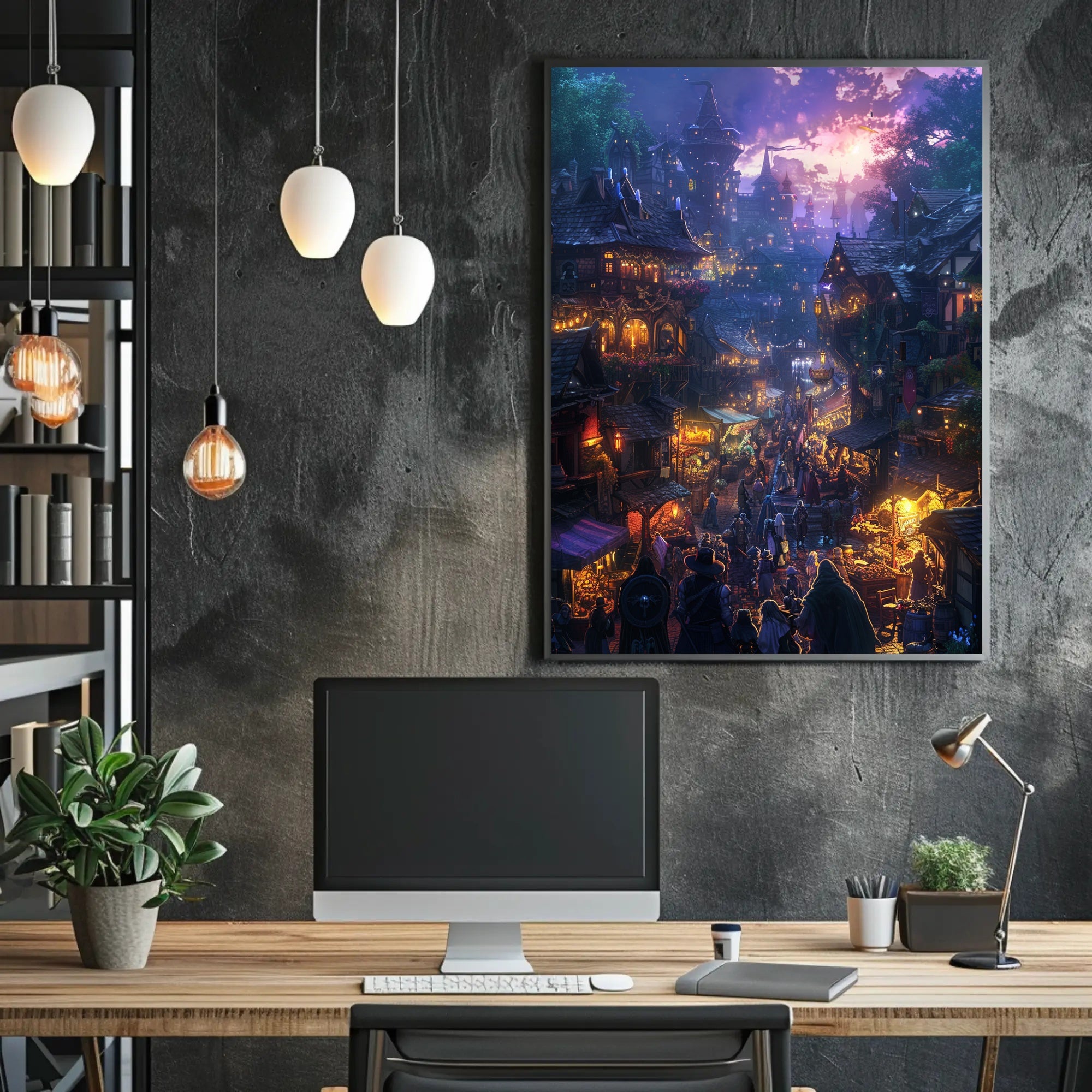 Medieval Fantasy Village Market at Twilight Fantasy Poster PosterGoat