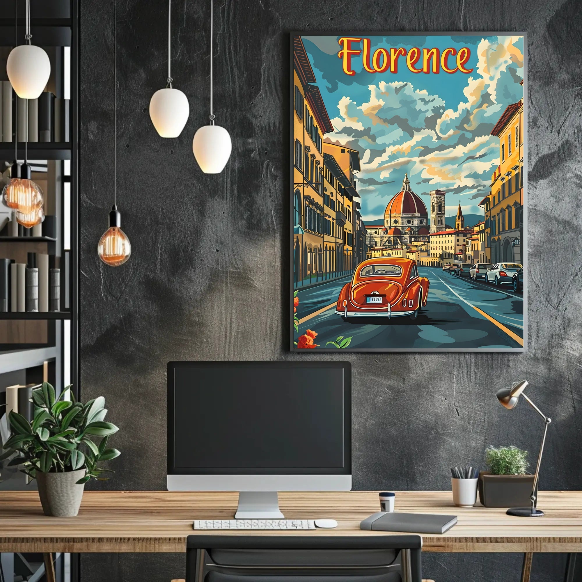 Florence Cathedral scene with vintage car poster