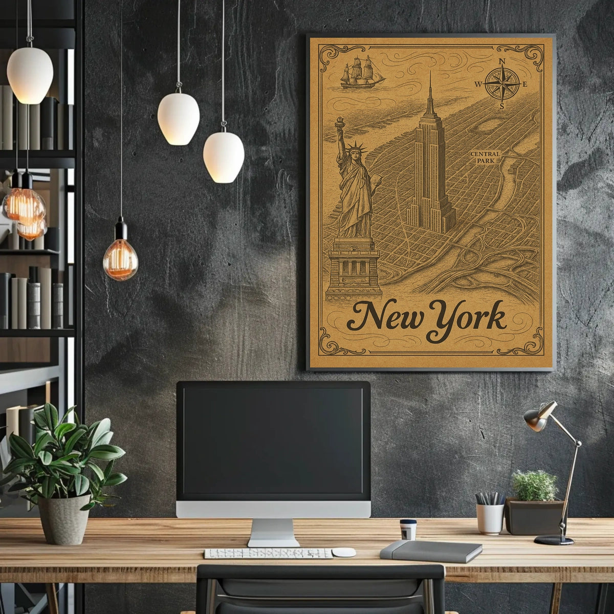 New York City Engraved Skyline Poster Vintage Wall Art
