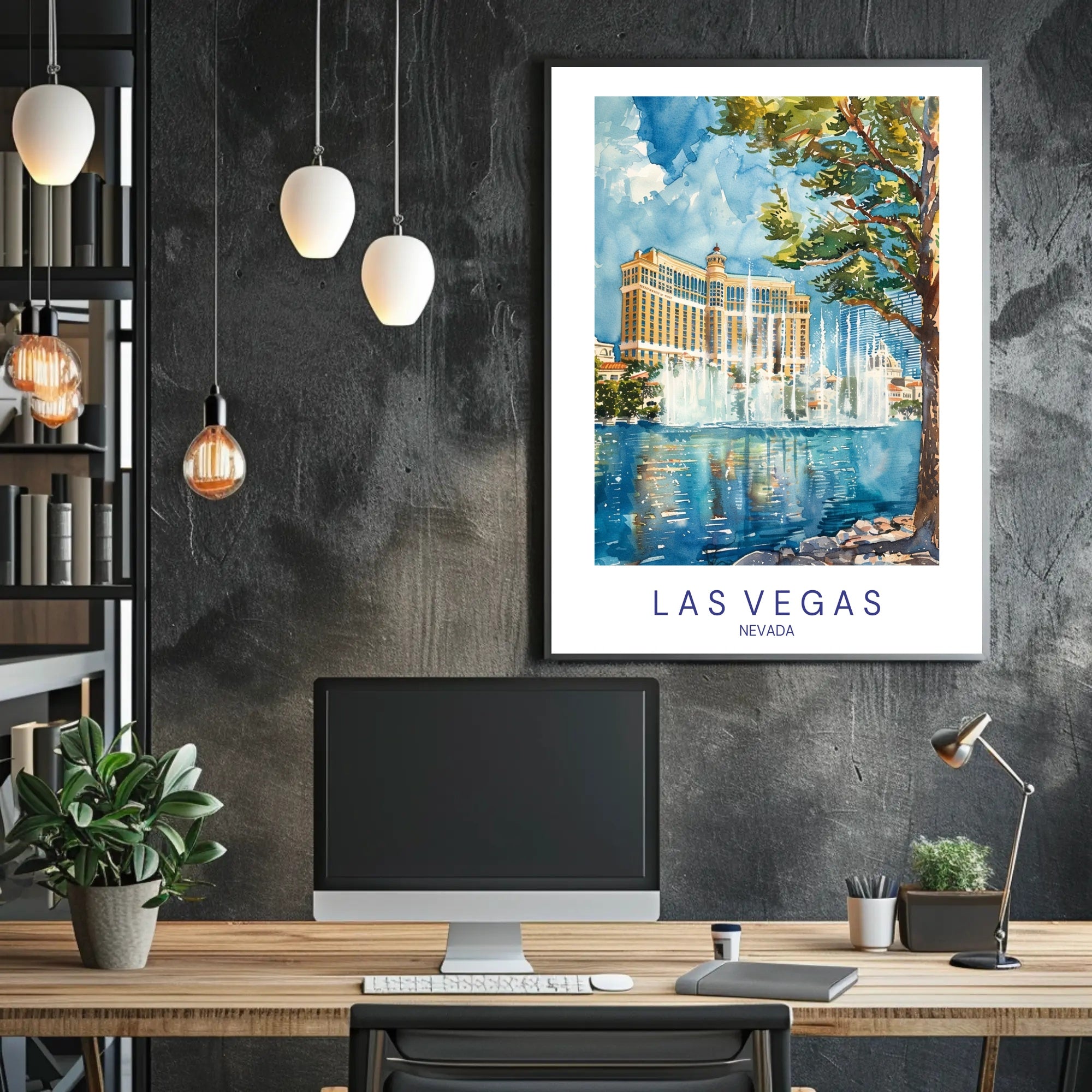 Vibrant Bellagio Watercolor Art: Las Vegas Travel Poster PosterGoat