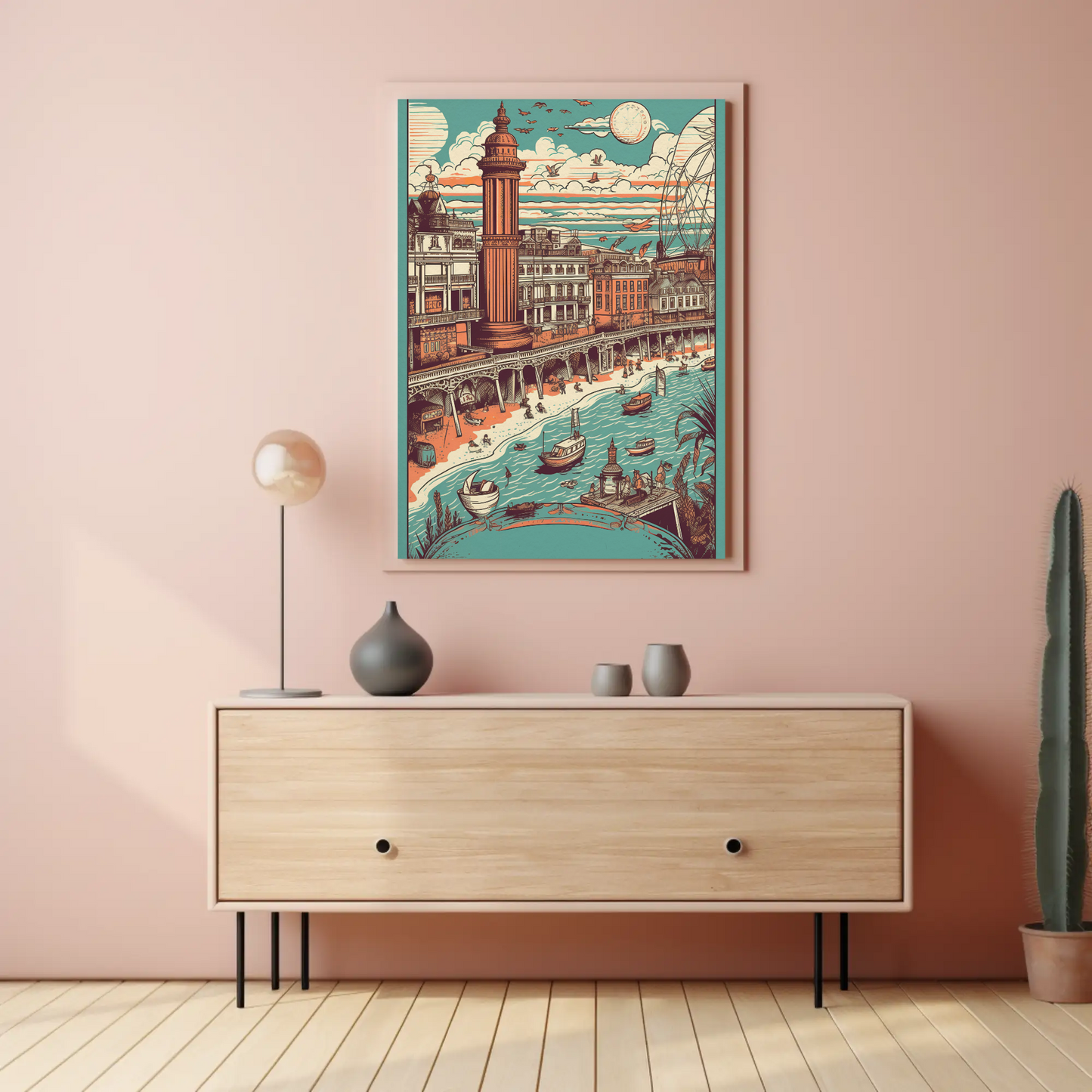 Beachfront Promenade Pier Boats Skyline Bathers Travel Poster