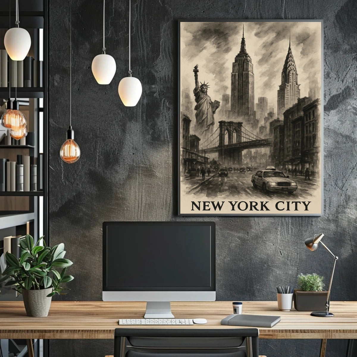 New York City Landmarks Cityscape Poster Vintage Wall Art