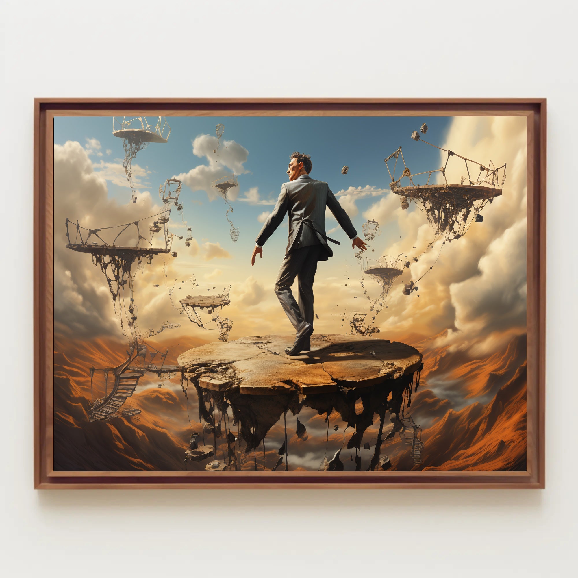 Surreal Suit Man on Broken Platforms Artistic Poster