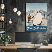 Winter Sports Fun Poster with Playful Penguin: Travel Poster PosterGoat
