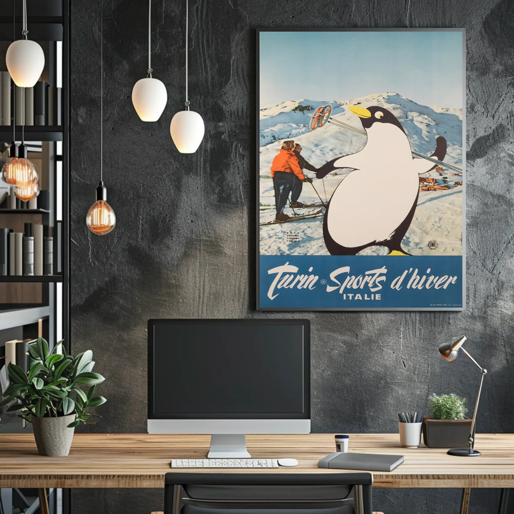 Winter Sports Fun Poster with Playful Penguin: Travel Poster PosterGoat