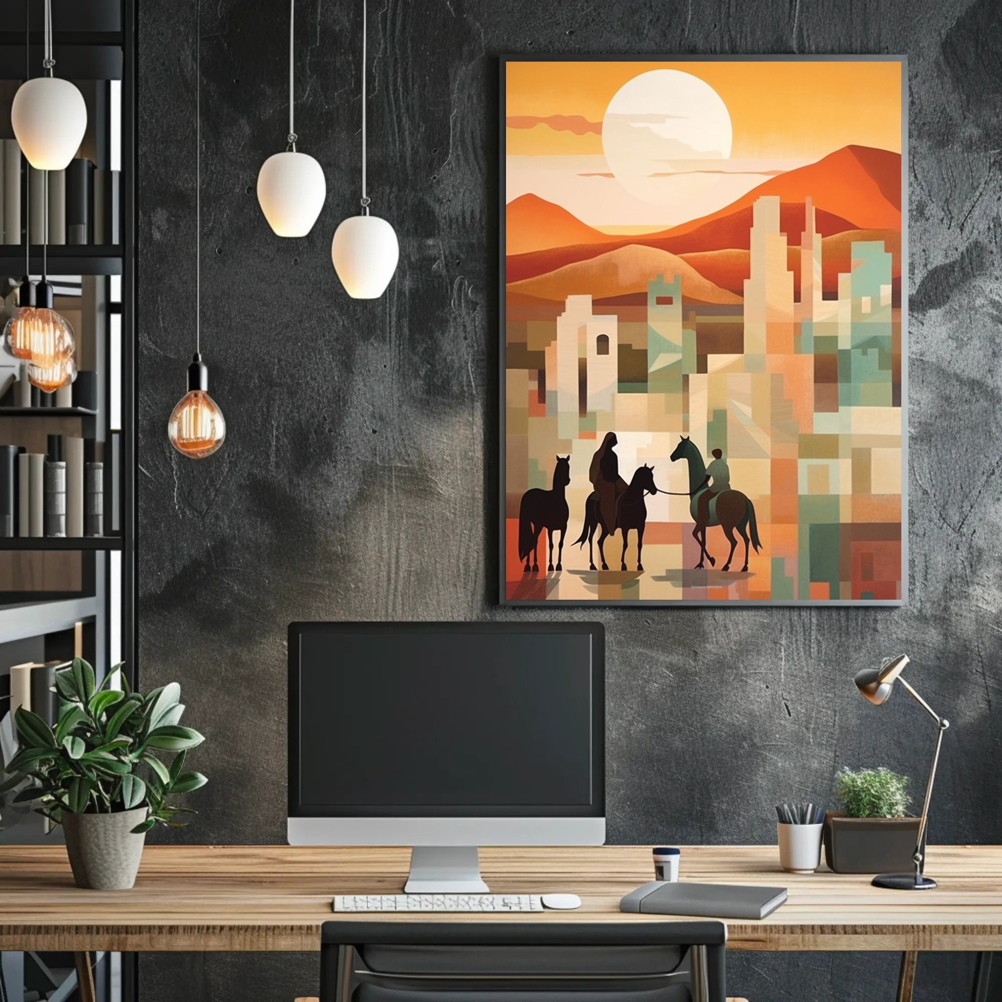 Sunset Riders in a Desert Cityscape Poster