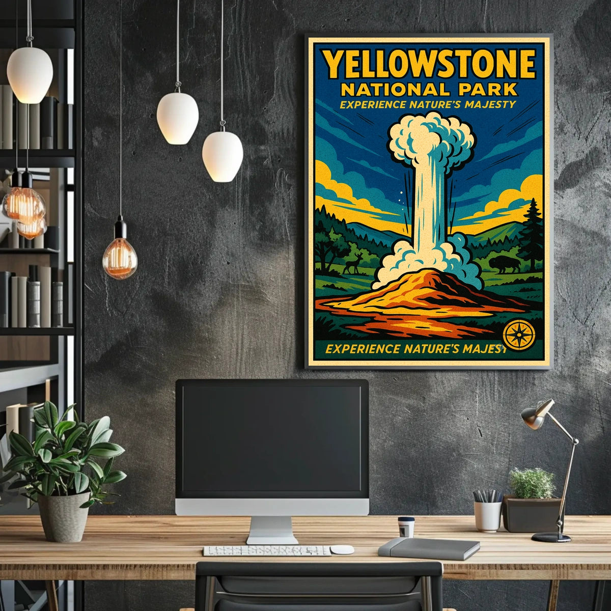 Yellowstone National Park Vintage Illustration Geyser Poster