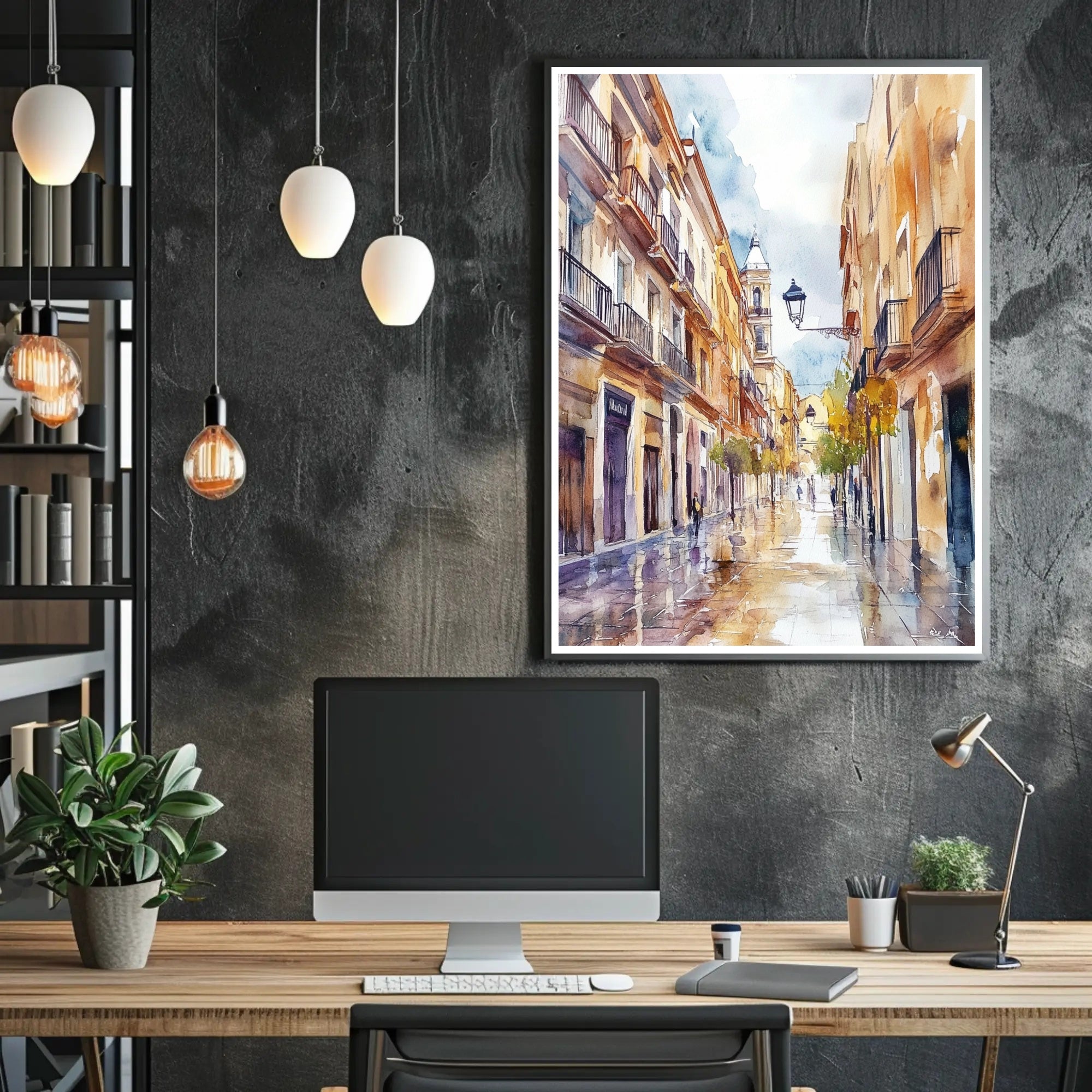 Serene Street in Watercolor Poster PosterGoat