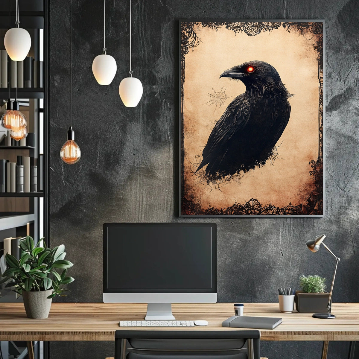 Gothic Raven Illustration with Dark Floral Design Animal Poster
