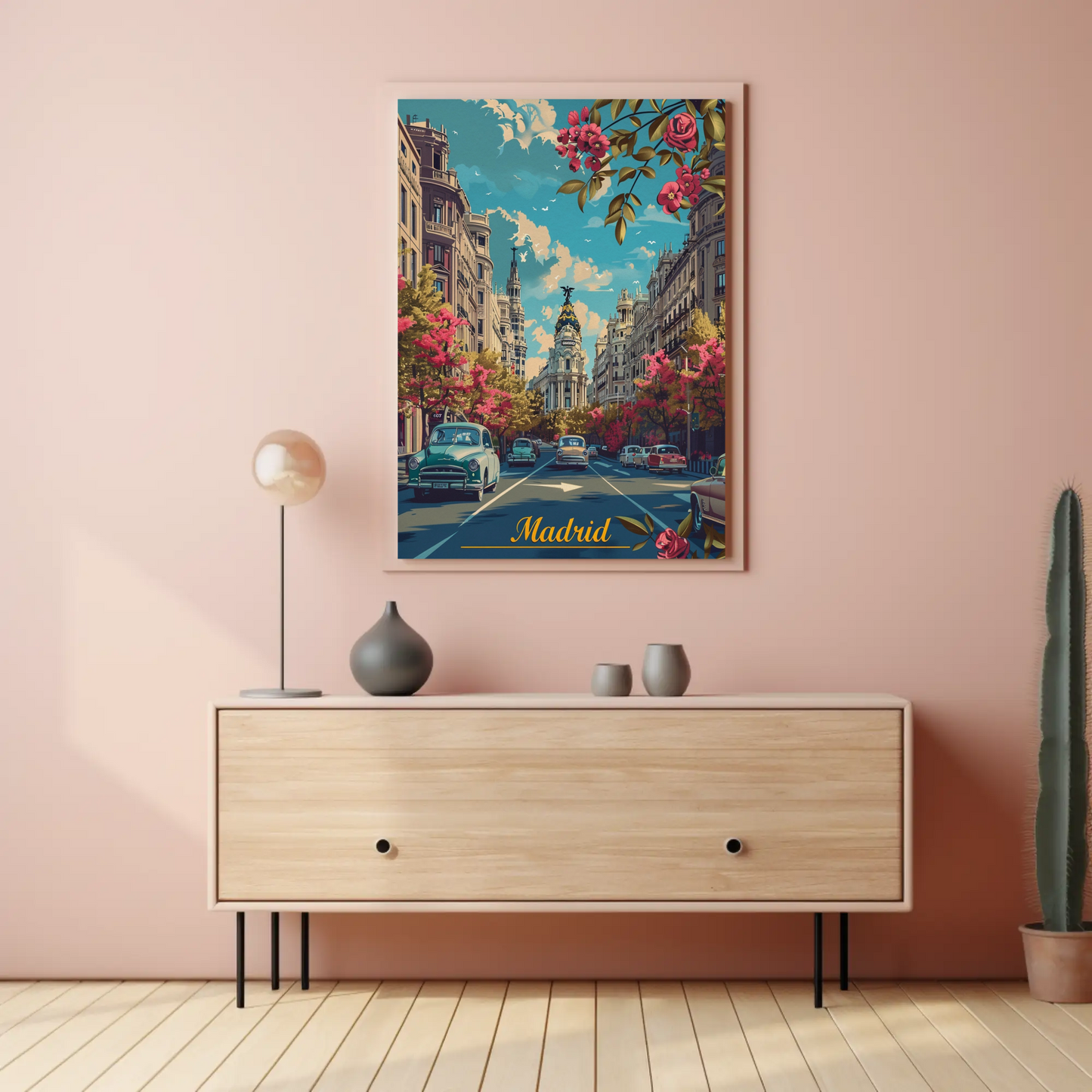 Madrid Spring Streetscape Flowers Cars Classic Travel Poster