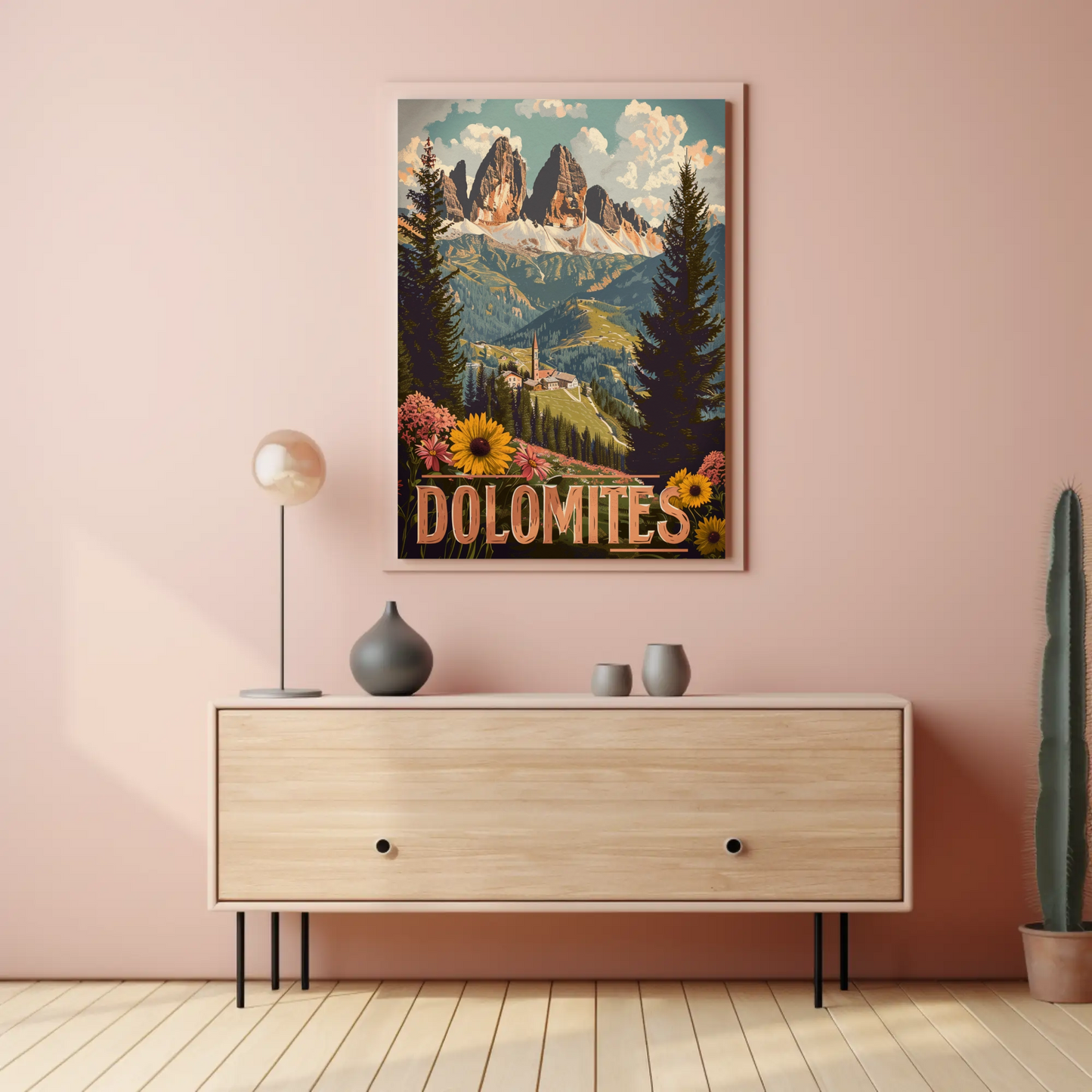 Dolomites Village Flower Meadow Travel Poster