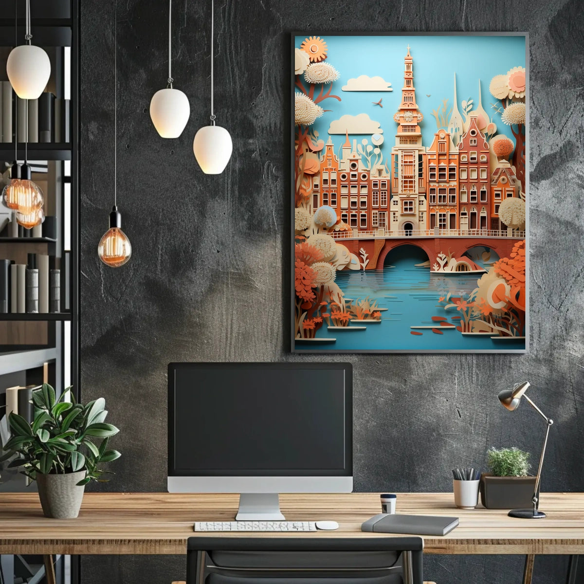 Amsterdam Canal Bridge Scene with Whimsical Urban or Cityscape Poster
