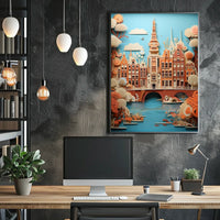 Amsterdam Canal Bridge Scene with Whimsical Urban or Cityscape Poster