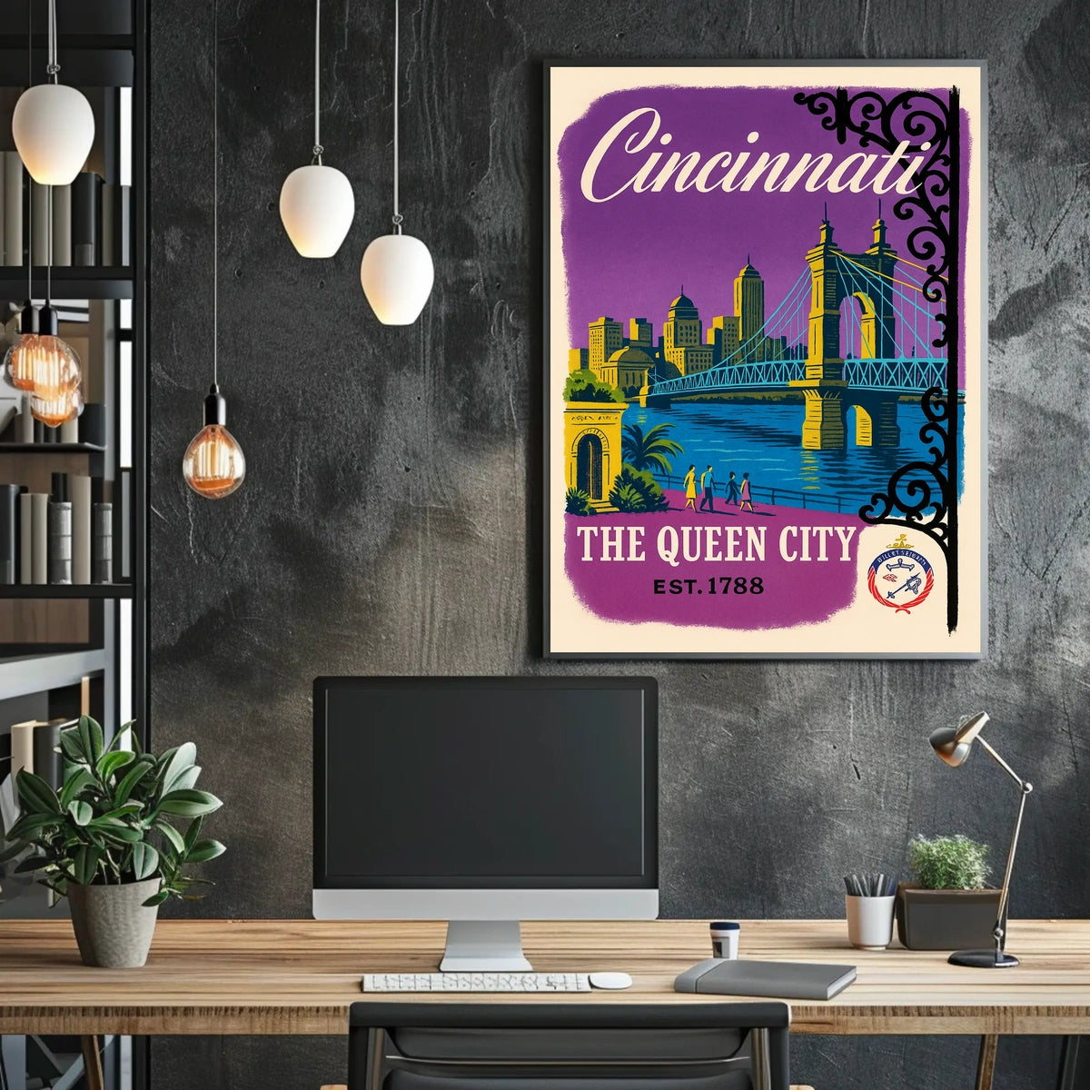 Cincinnati The Queen City Vintage Illustration Bridge Poster